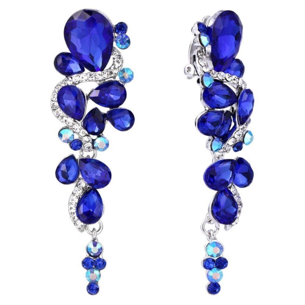 Silver with Blue Sapphire and AB Austrian Crystal Chandelier Clip On Earrings